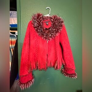 Chic Red Faux Fur Trimmed Teddy Jacket